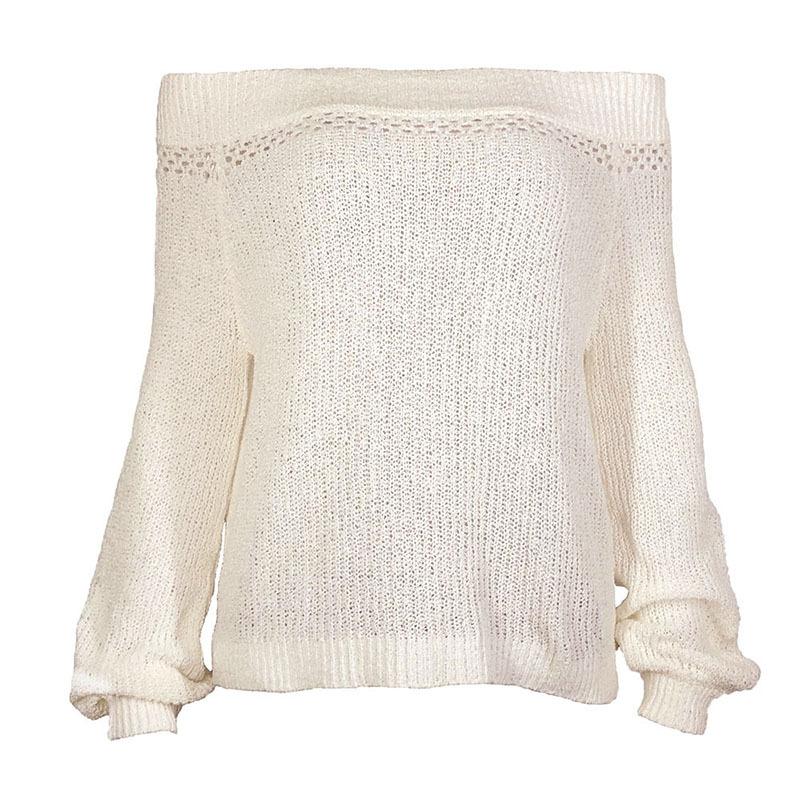 White Off Shoulder Puff Sleeve Autumn Knit Jumper Sweater