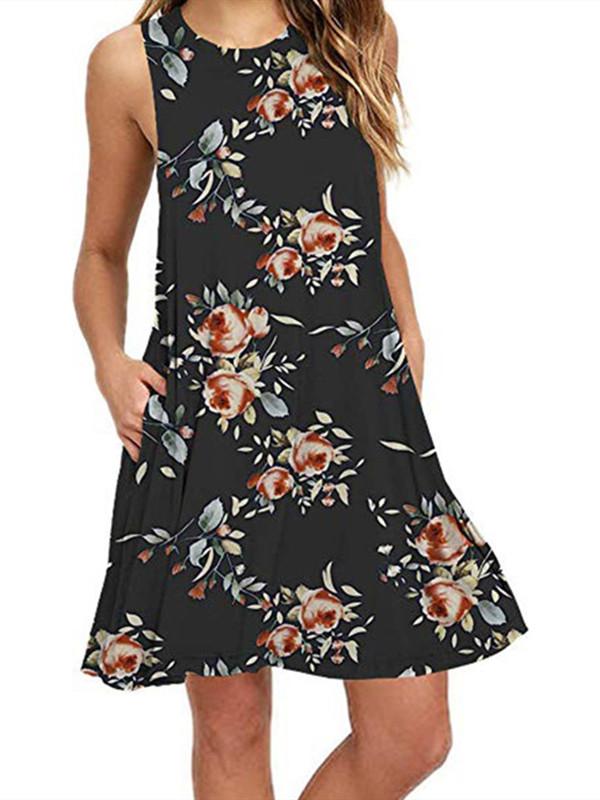 Spring / Summer Sleeveless Pullover Element Printed Pocket Swing Vest Dress-2