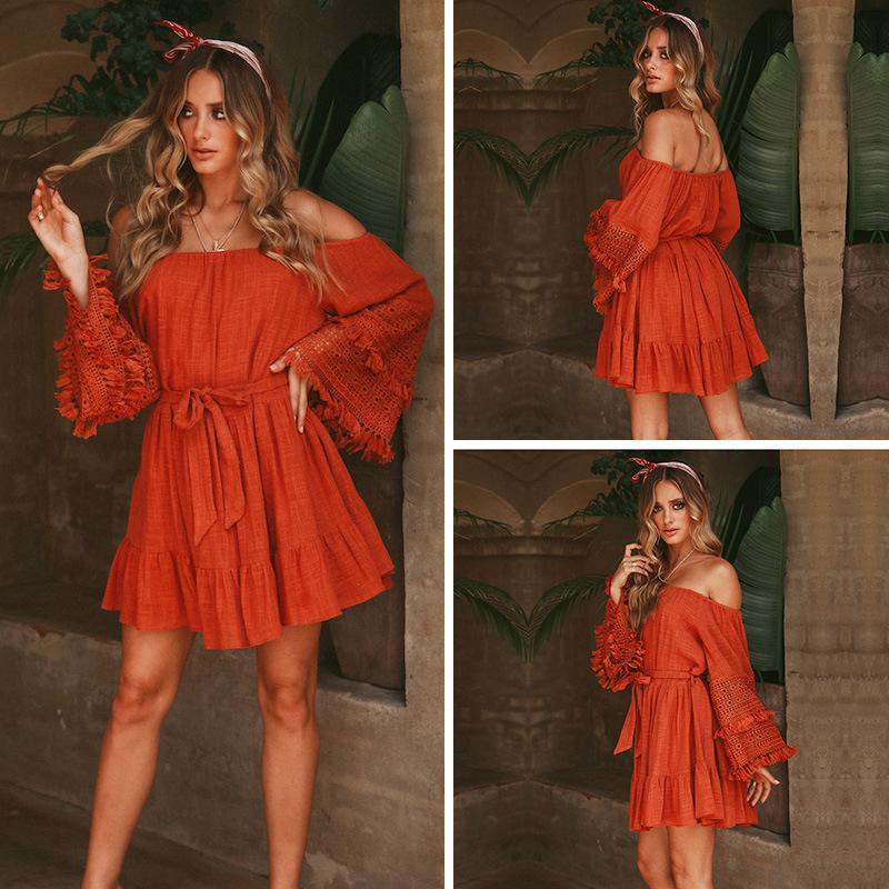 Bohemian Fringed Trumpet Sleeve Belt Off-The-Shoulder Dress