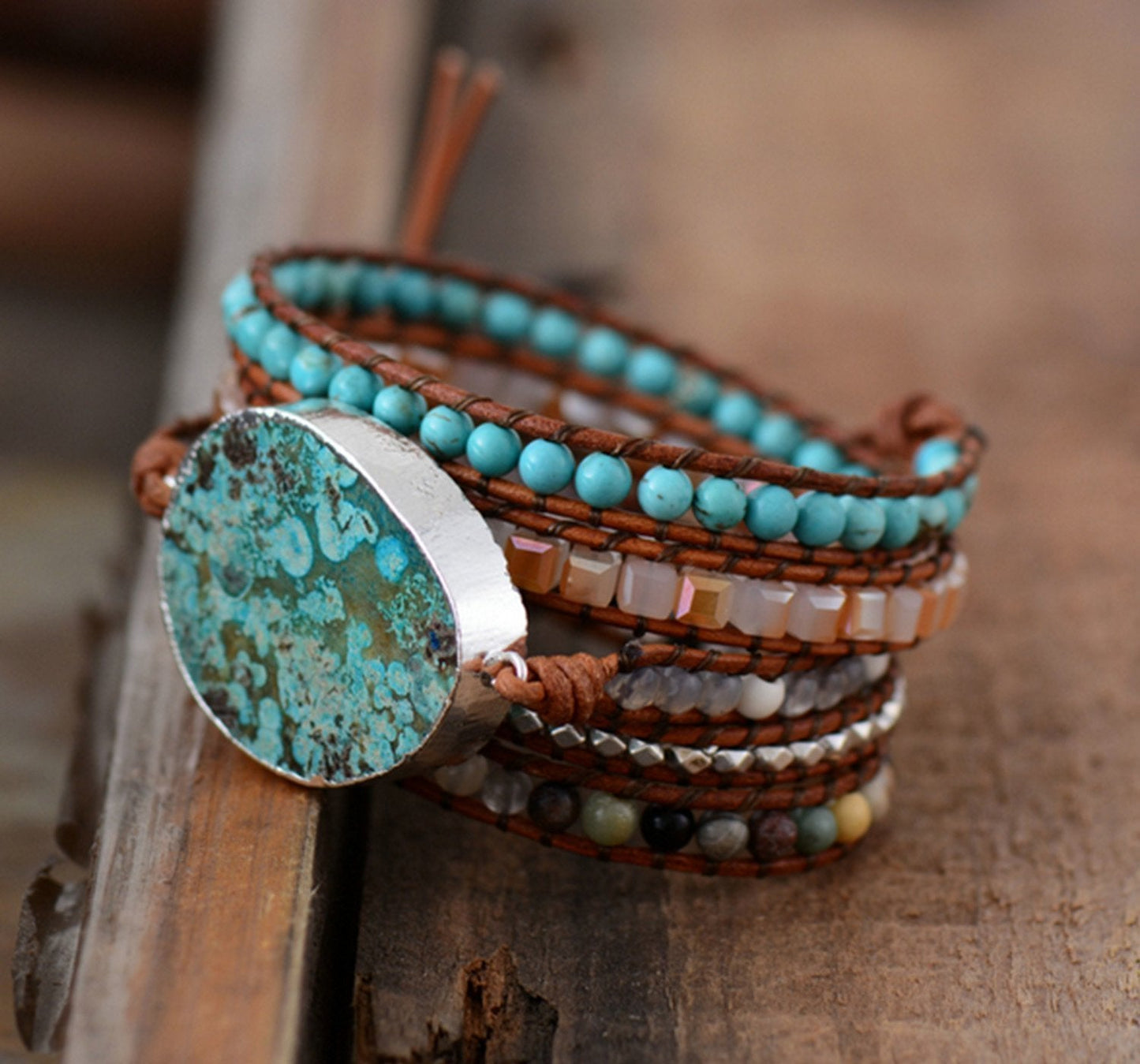 Bohemian Handmade Natural Stones Leather Wrap 5 Layer Bracelet