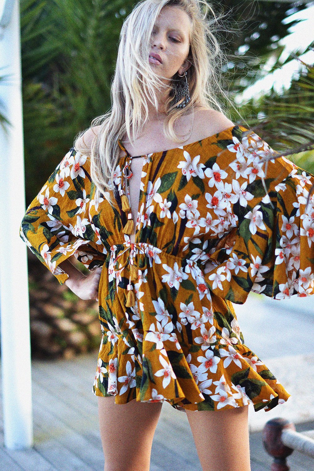 Bohemia Floral Print Off Shoulder Lace up Mini Dress