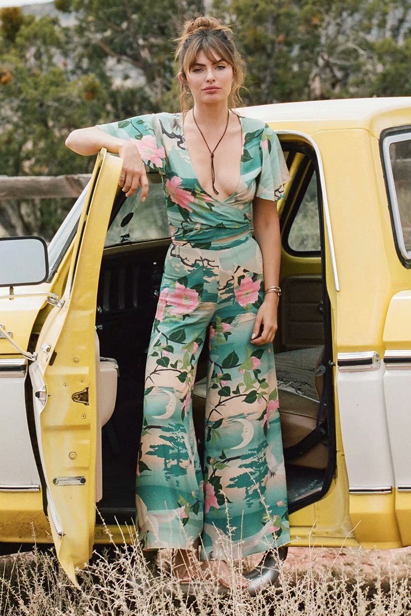 Floral Sexy V-neck Holiday Beach Wrap Blouse And Pants