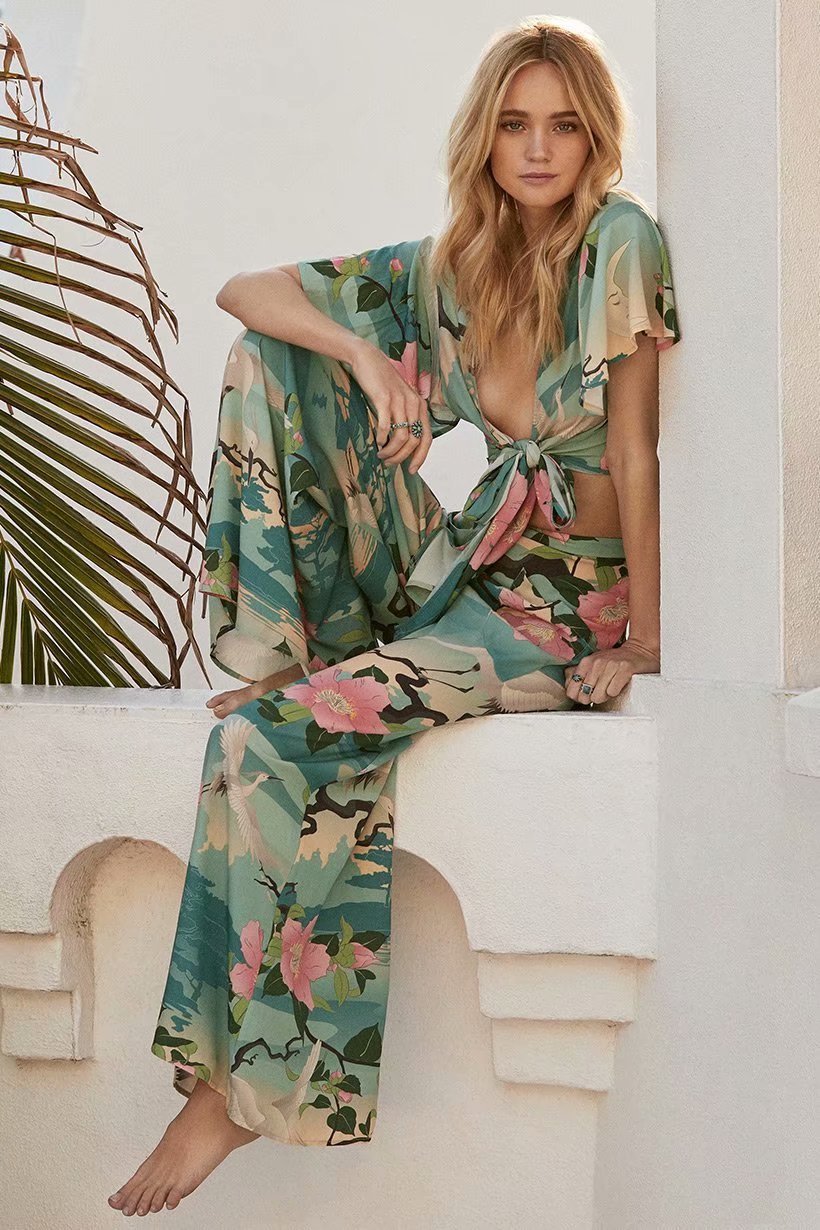 Floral Sexy V-neck Holiday Beach Wrap Blouse And Pants