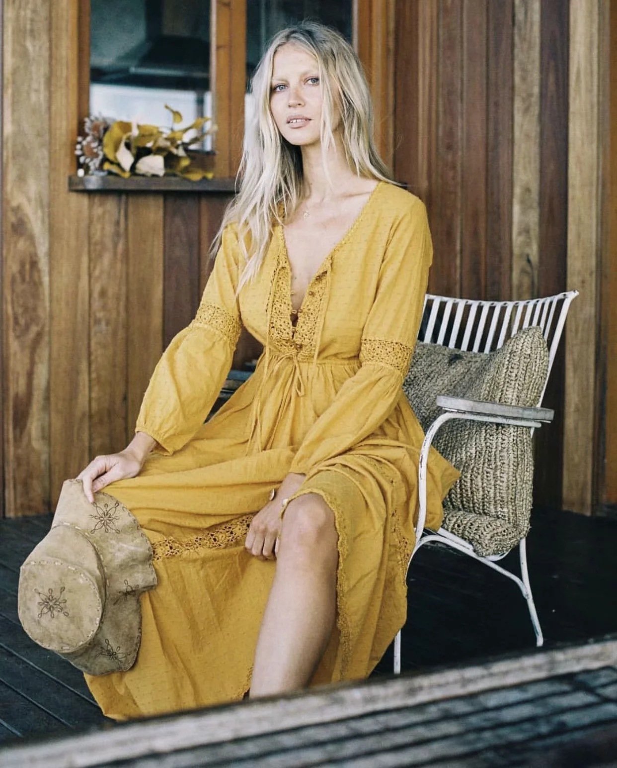 Yellow V Neck Long Sleeve Bohemia Maxi Dress