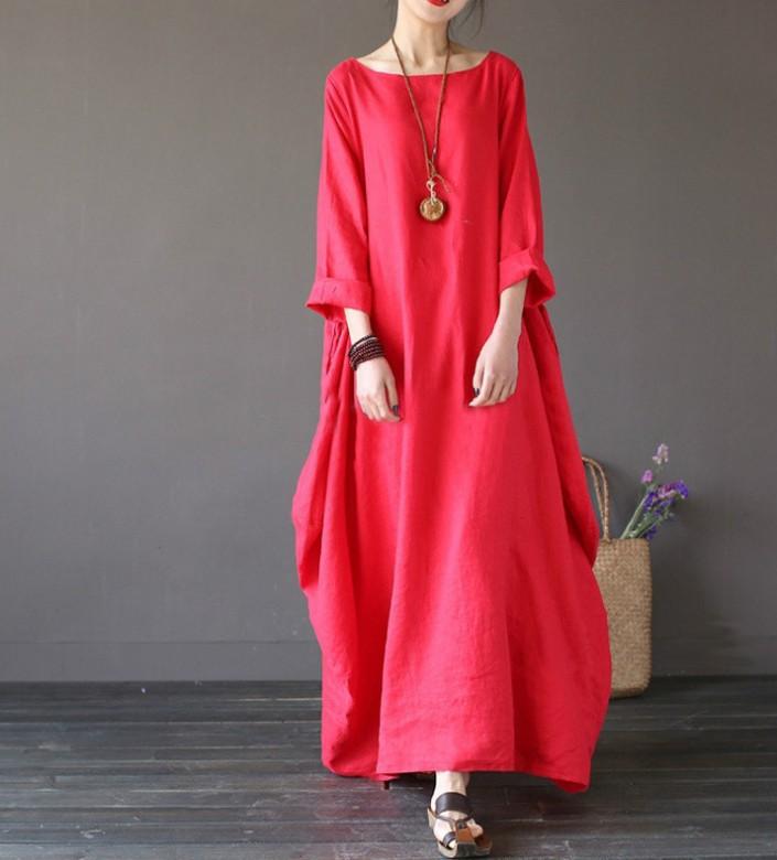 Loose T-neck Middle Sleeve Long Dress for European and American Ladies