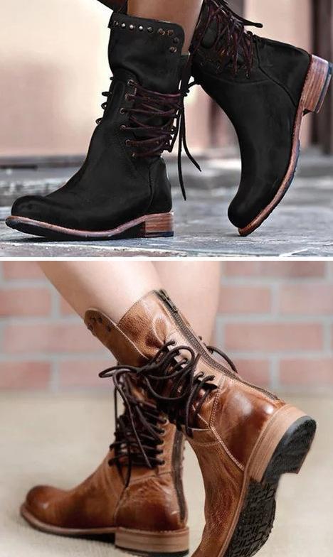 Winter Low Square Heel Rivet Knight Mid Boots