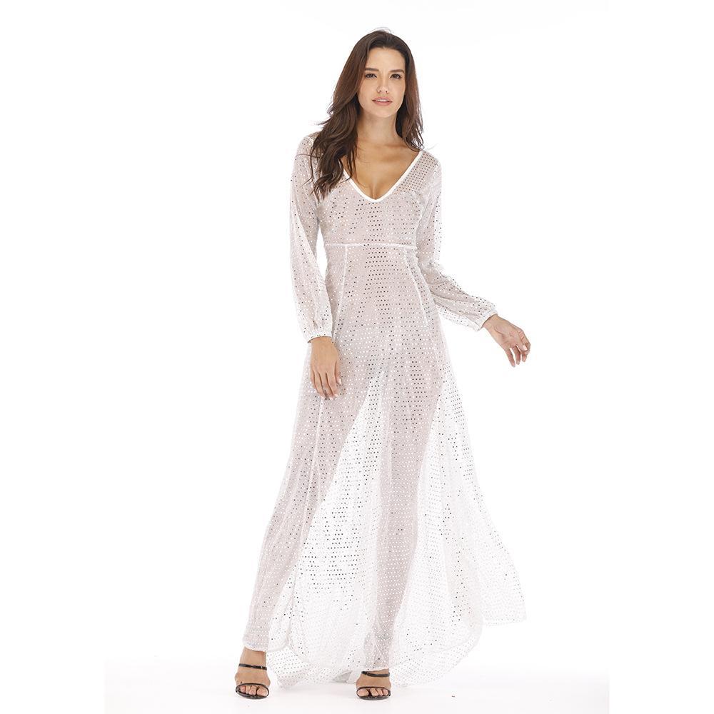 Sequin V Neck Long Sleeve Evening Maxi Dress