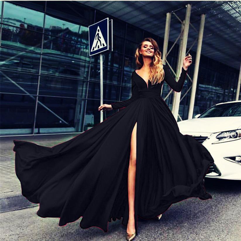 V Neck Long Sleeve Split Party Evening Maxi Dress