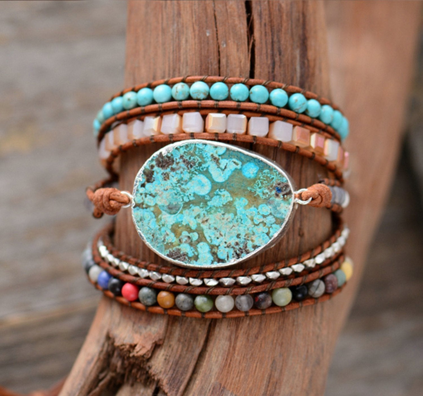 Bohemian Handmade Natural Stones Leather Wrap 5 Layer Bracelet