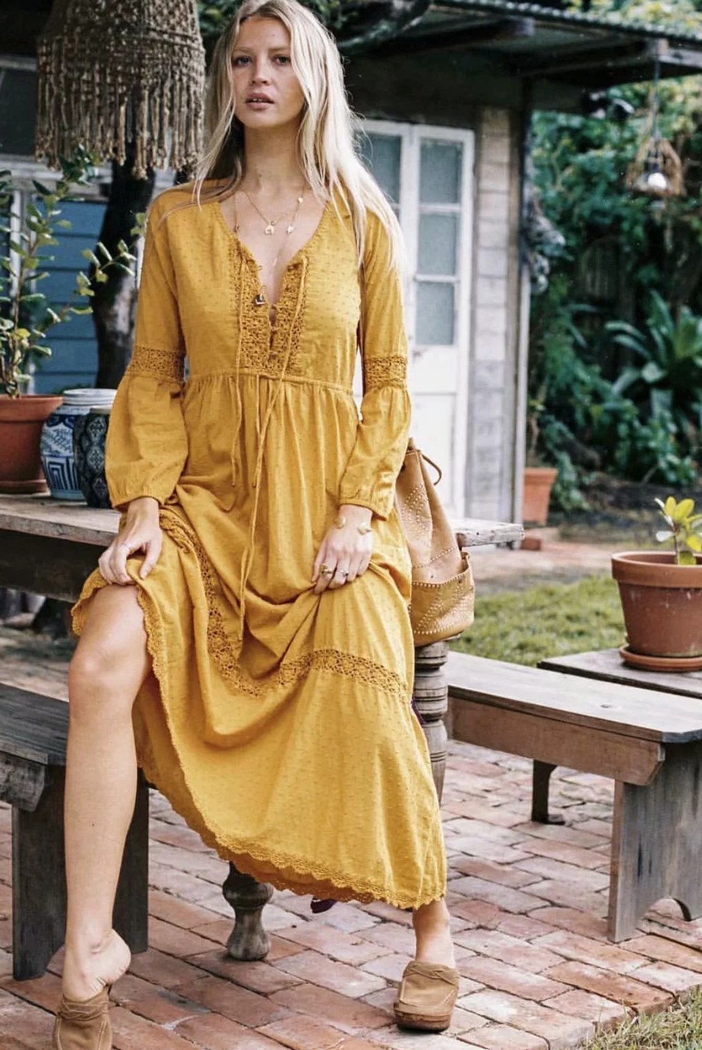 Yellow V Neck Long Sleeve Bohemia Maxi Dress