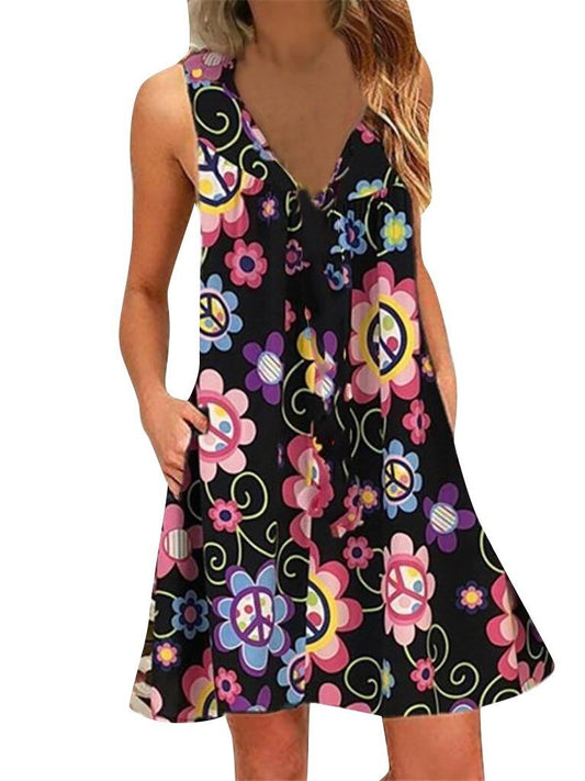 Casual Vacation Bohemian Beach V-Neck Sleeveless Beach Printed Mini Dress