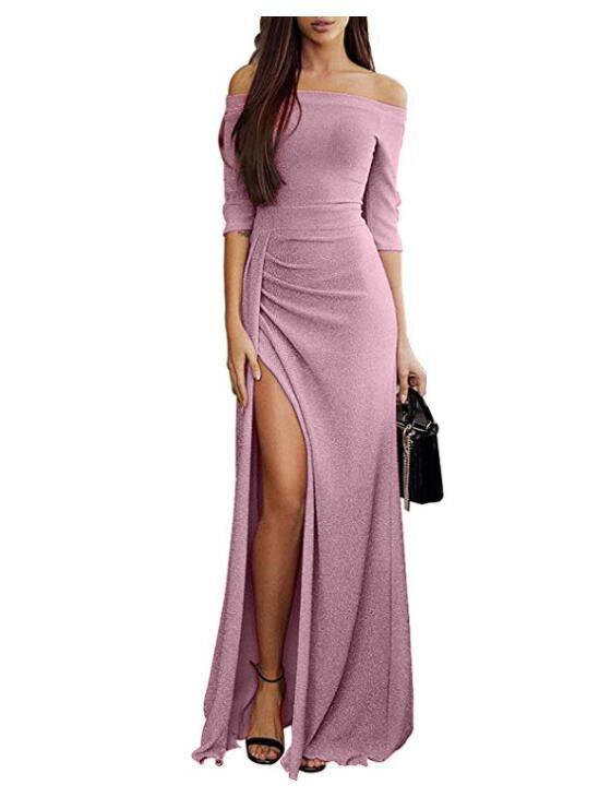 Off Shoulder Side Slit Bust Darts Plain Bodycon Dresses