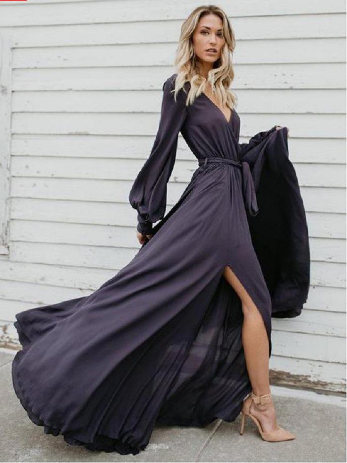 Sexy V Neck Long Sleeve Split Maxi Dress with Belt