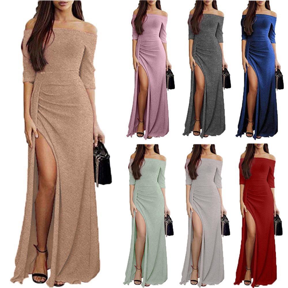 Off Shoulder Side Slit Bust Darts Plain Bodycon Dresses