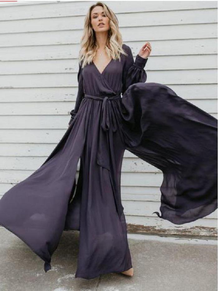 Sexy V Neck Long Sleeve Split Maxi Dress with Belt