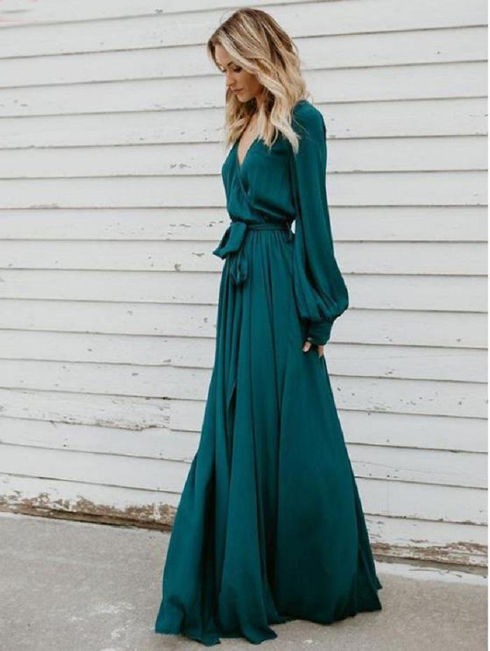 Sexy V Neck Long Sleeve Split Maxi Dress with Belt