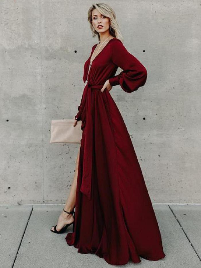 Sexy V Neck Long Sleeve Split Maxi Dress with Belt