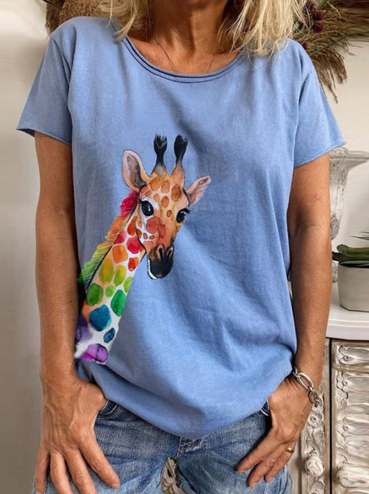 Women's V-neck Deer Head Print Short Sleeve T-shirt