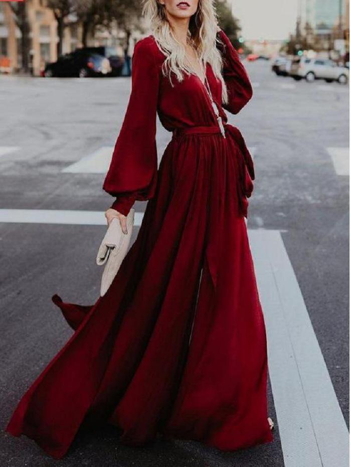 Sexy V Neck Long Sleeve Split Maxi Dress with Belt