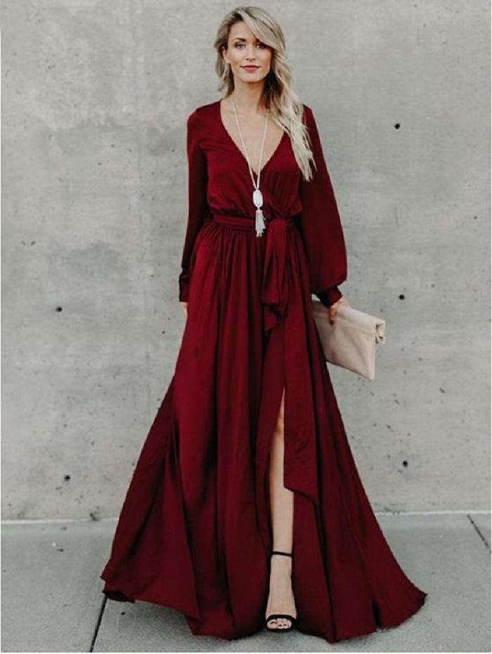 Sexy V Neck Long Sleeve Split Maxi Dress with Belt