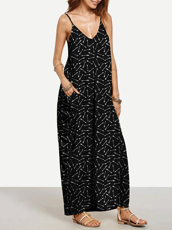 Cool Black Bohemia Spaghetti Straps V Neck Maxi Dress