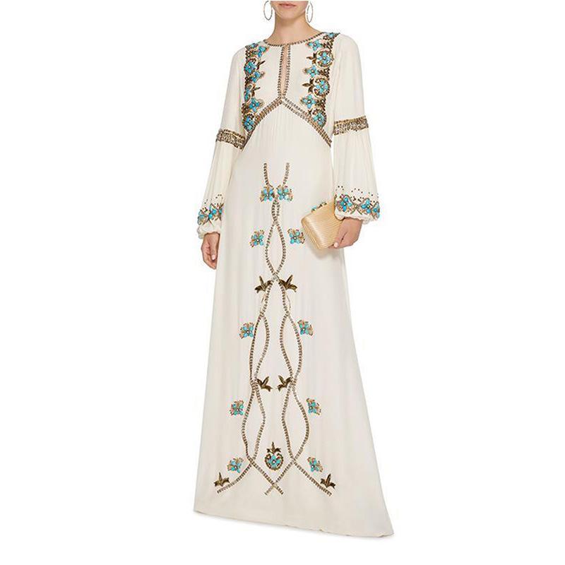 Boho Dress Floral Embroidery White V-Neck Lantern Sleeve Maxi Dress