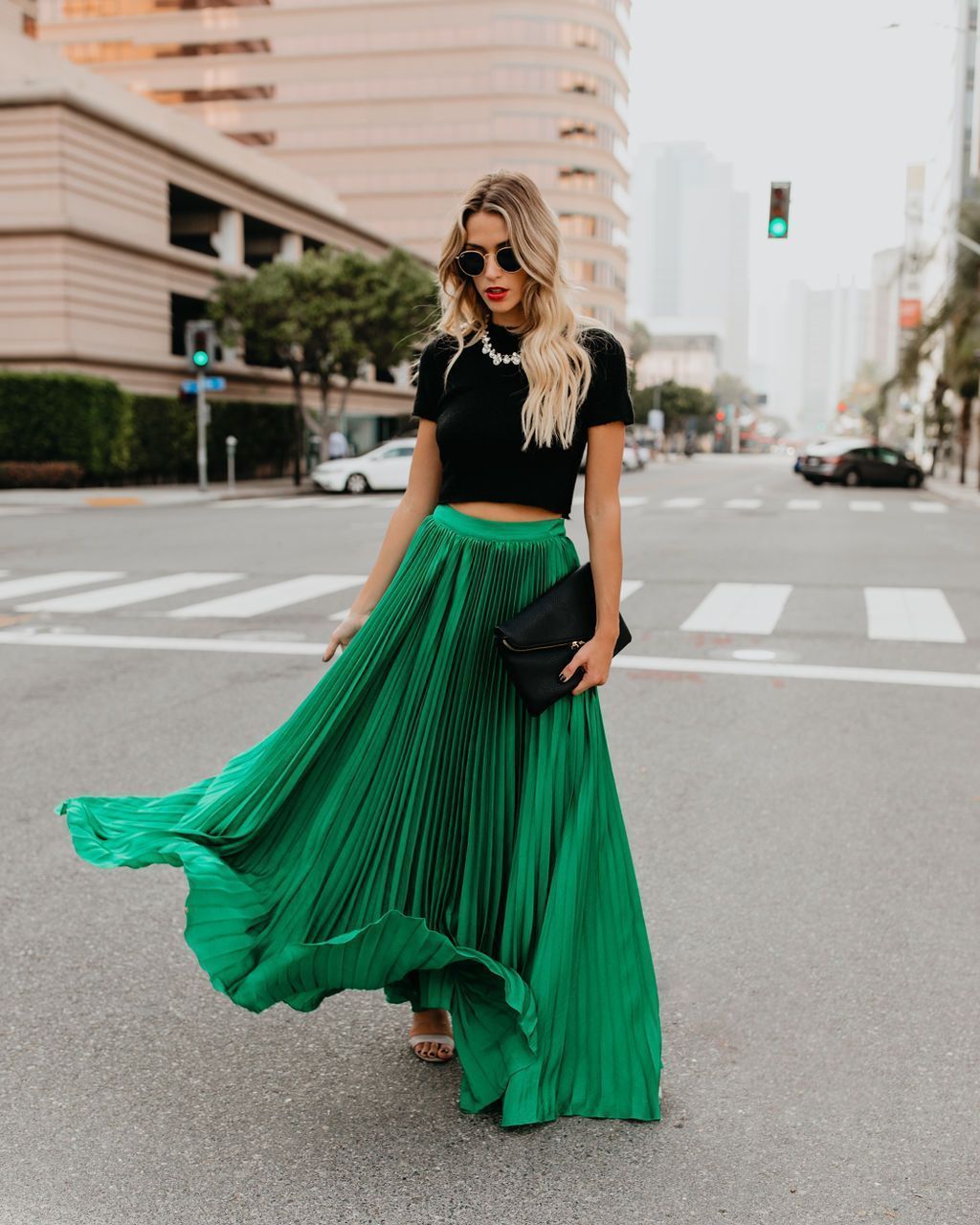 Solid Color High Waist Pleated Long Maxi Skirt