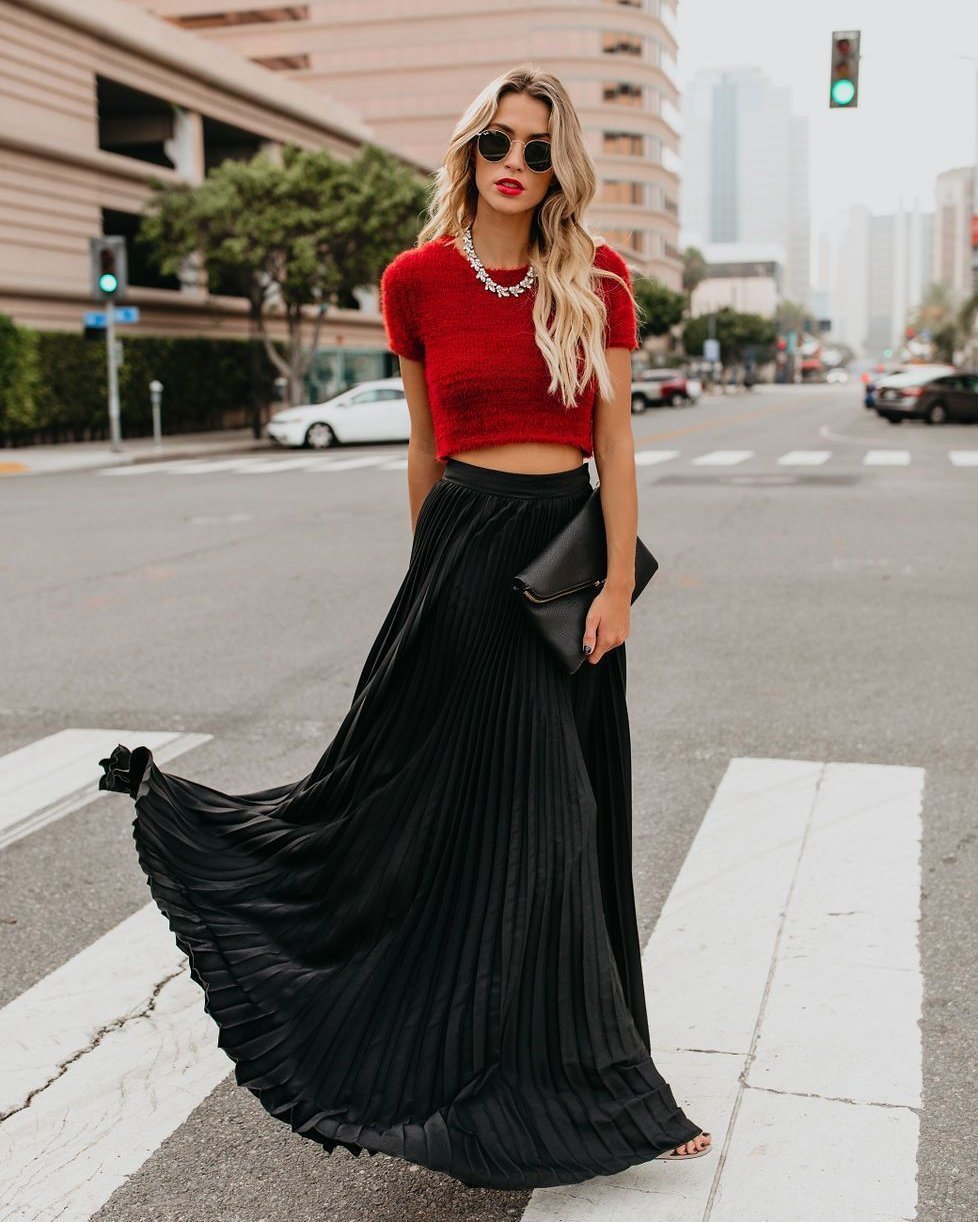 Solid Color High Waist Pleated Long Maxi Skirt