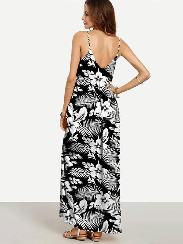 Beautiful Black Bohemia Spaghetti Straps V Neck Maxi Dress