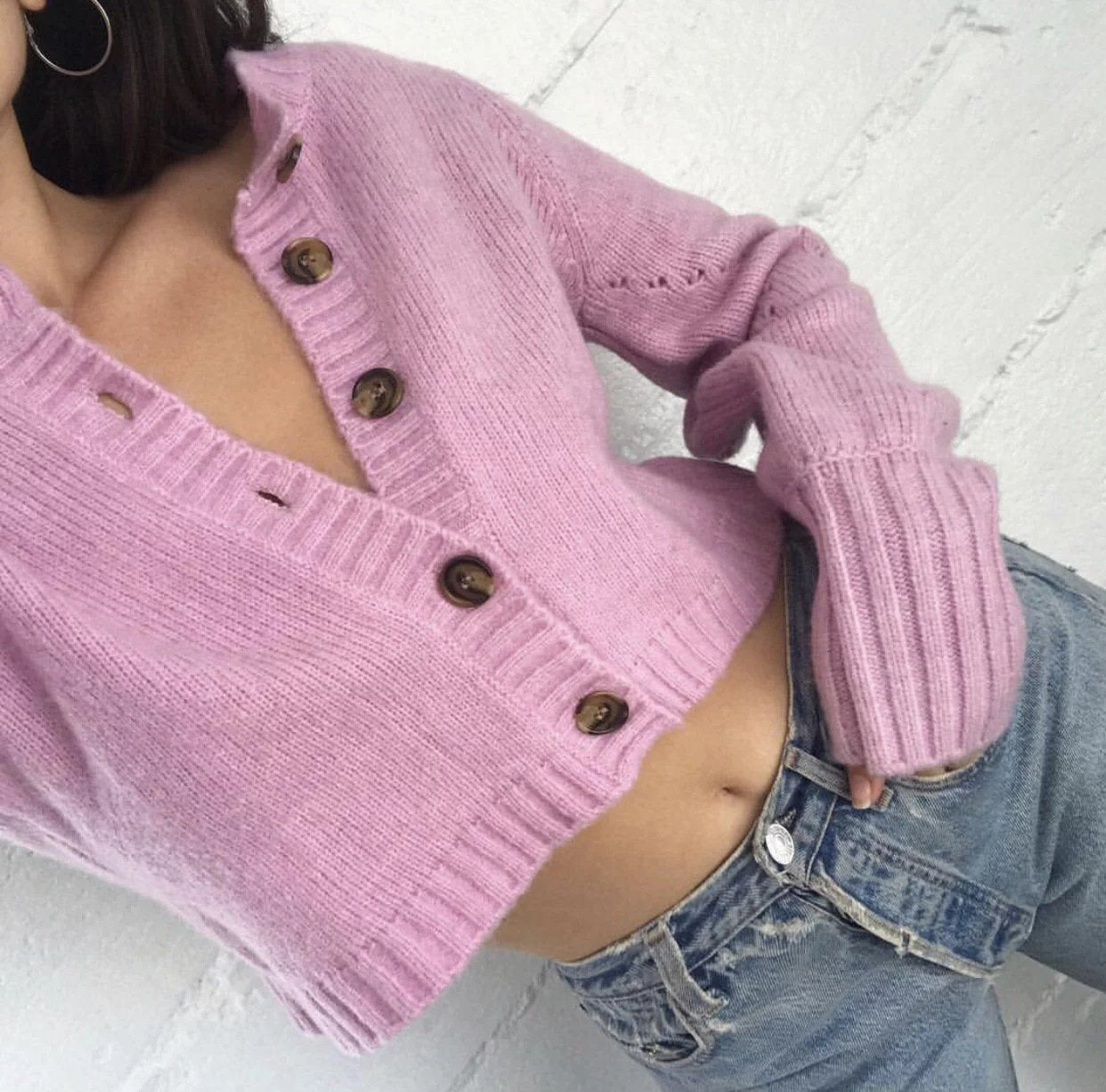 Lose Long Sleeve Solid Color Hollow Out Knit Short Cardigan Sweater Outwear