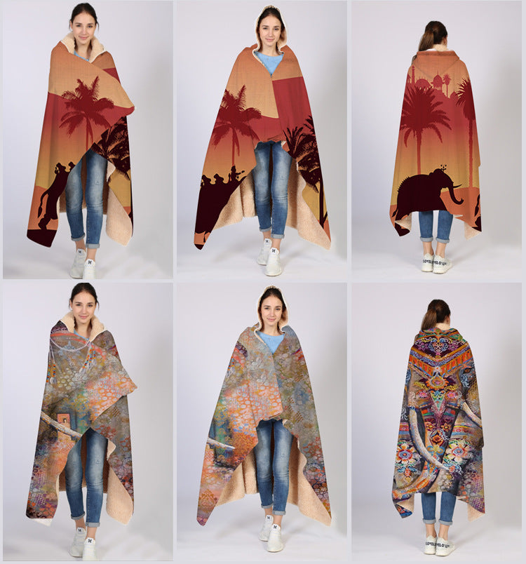 Elephant Series Ins Winter Hoodie Cape Blanket Cloak Plus Thick Double-layered Plush Digital Print Lazy Blanket