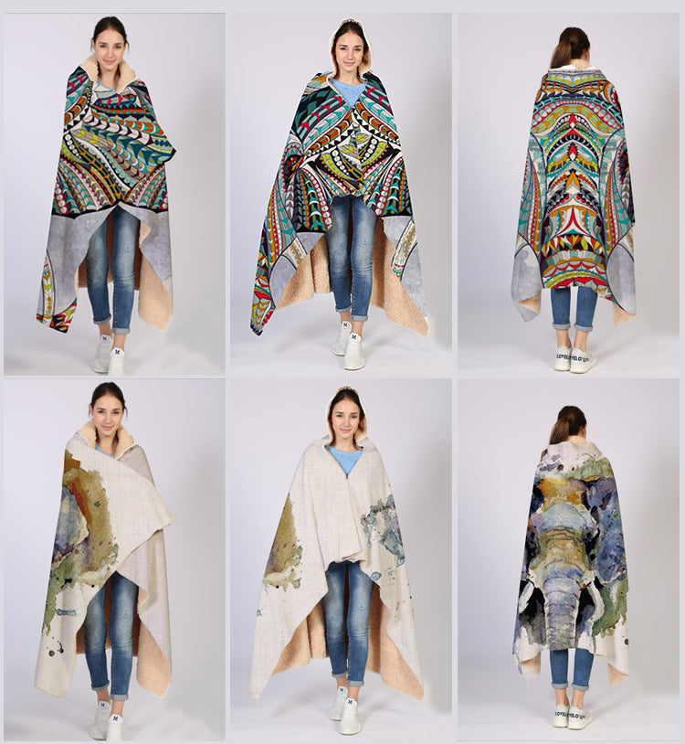 Elephant Series Ins Winter Hoodie Cape Blanket Cloak Plus Thick Double-layered Plush Digital Print Lazy Blanket