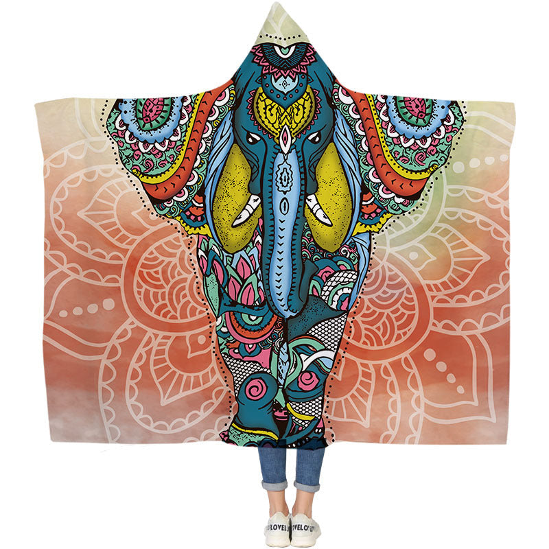 Elephant Series Ins Winter Hoodie Cape Blanket Cloak Plus Thick Double-layered Plush Digital Print Lazy Blanket