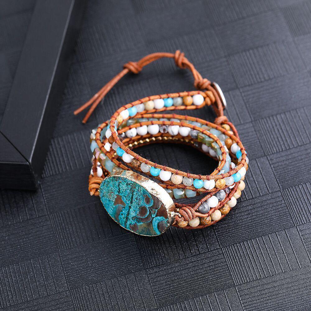 Bohemian Handmade Natural Stones Leather Wrap 5 Layer Bracelet