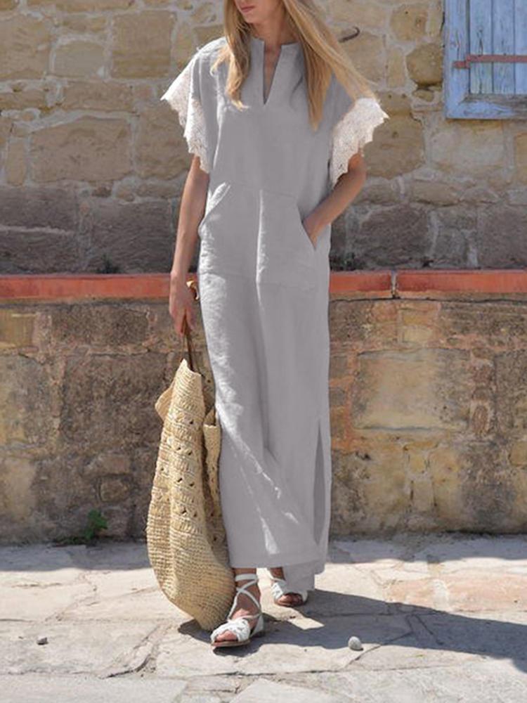 Loose Casual Linen Lace Short Sleeve Long Dress