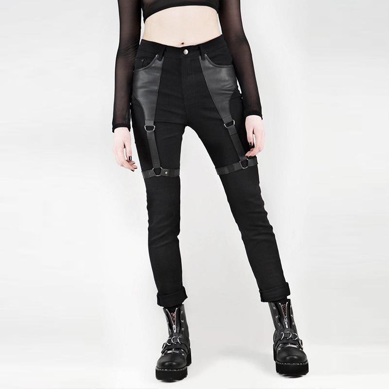 Casual Gothic Pants Women Halloween Sexy Leather Blet Patchwork Mid Cargo Pants Black Full Length Trousers