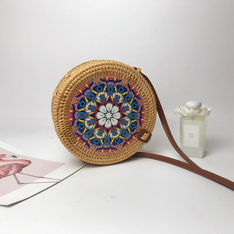 Boho Style Rattan Flower Pattern Round Bag