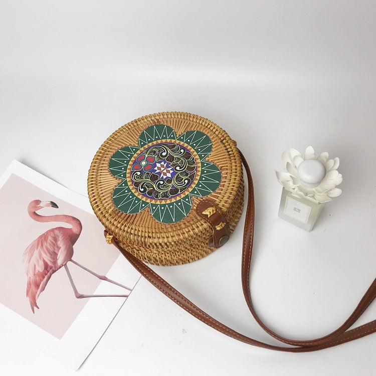 Boho Style Rattan Flower Pattern Round Bag