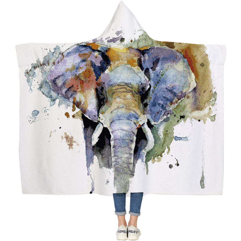 Elephant Series Ins Winter Hoodie Cape Blanket Cloak Plus Thick Double-layered Plush Digital Print Lazy Blanket