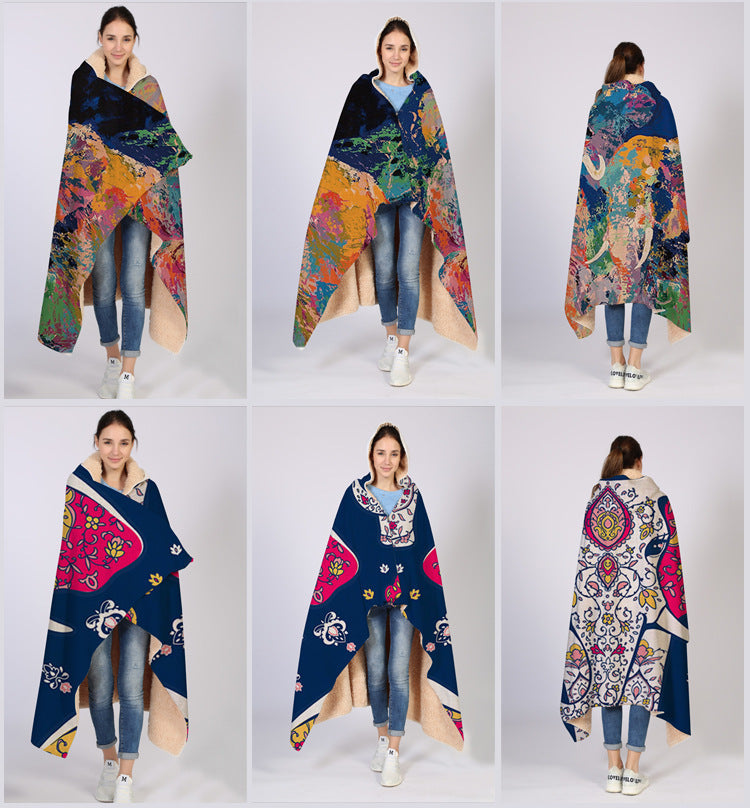 Elephant Series Ins Winter Hoodie Cape Blanket Cloak Plus Thick Double-layered Plush Digital Print Lazy Blanket