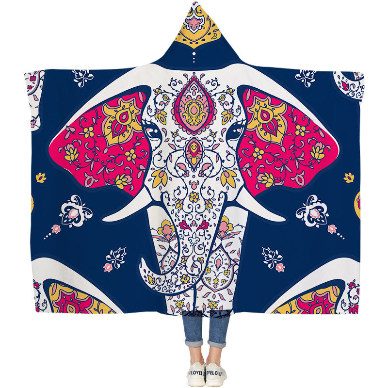 Elephant Series Ins Winter Hoodie Cape Blanket Cloak Plus Thick Double-layered Plush Digital Print Lazy Blanket