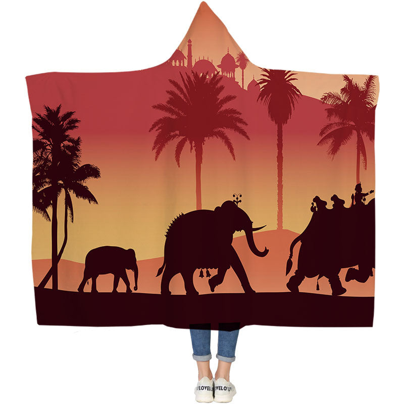 Elephant Series Ins Winter Hoodie Cape Blanket Cloak Plus Thick Double-layered Plush Digital Print Lazy Blanket