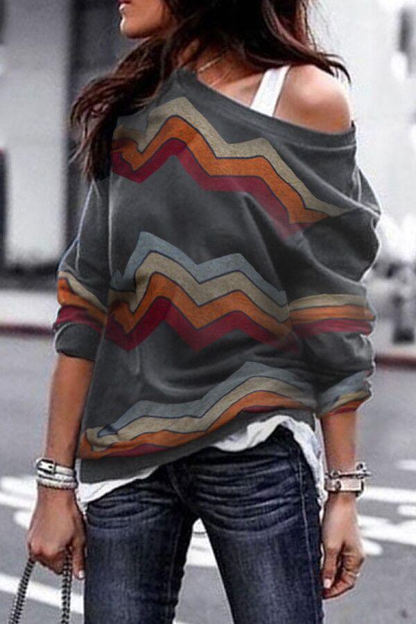 Loose Sloping Shoulder Long Sleeves Pullover Tops