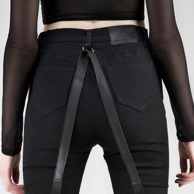 Casual Gothic Pants Women Halloween Sexy Leather Blet Patchwork Mid Cargo Pants Black Full Length Trousers