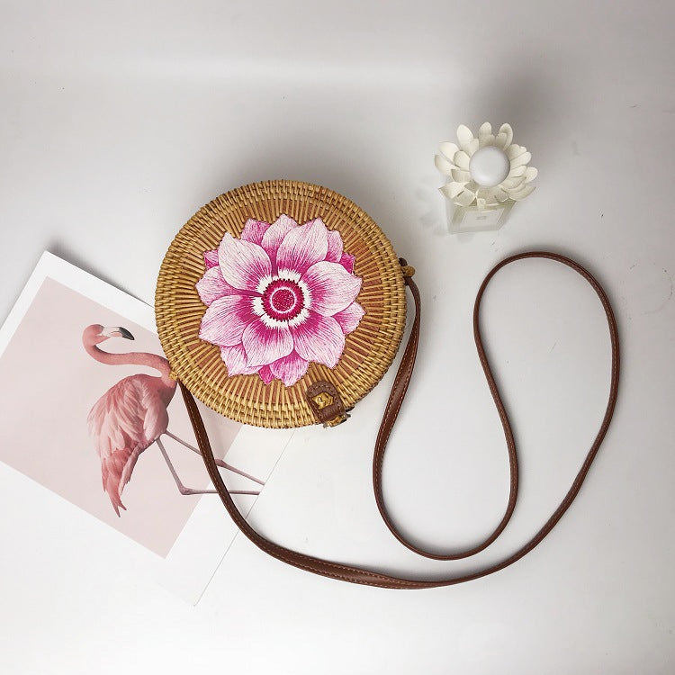 Boho Style Rattan Flower Pattern Round Bag