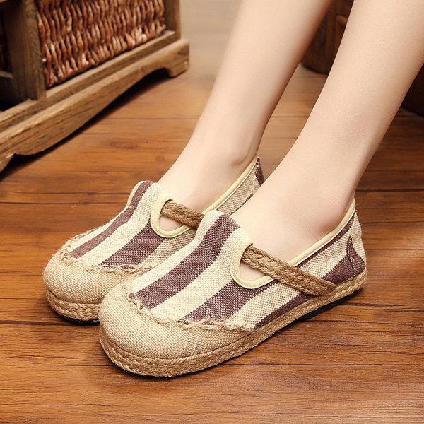 Stripe Pattern Flax Breathable Retro Flat Slip On Women Shoes