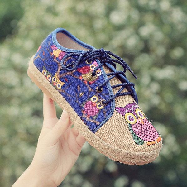 Pattern Owl Cute Colorful Cloth Lace Up Shoes