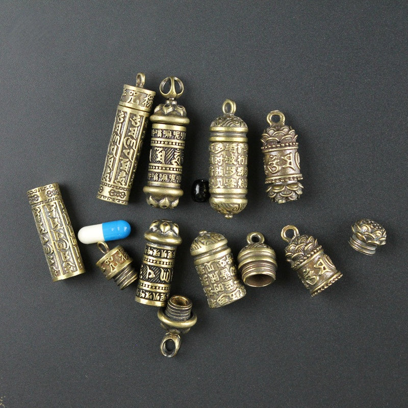 Brass Buddha Sutra Cylinder Pendant Keychain Hanging Necklace Jewelry Pill Box Medicine Case Container Bottle Keychains