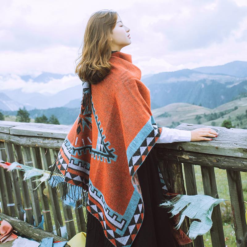 Oversized Autumn Ethnic Style Geometry Pattern Tassel Fringe Poncho Cape