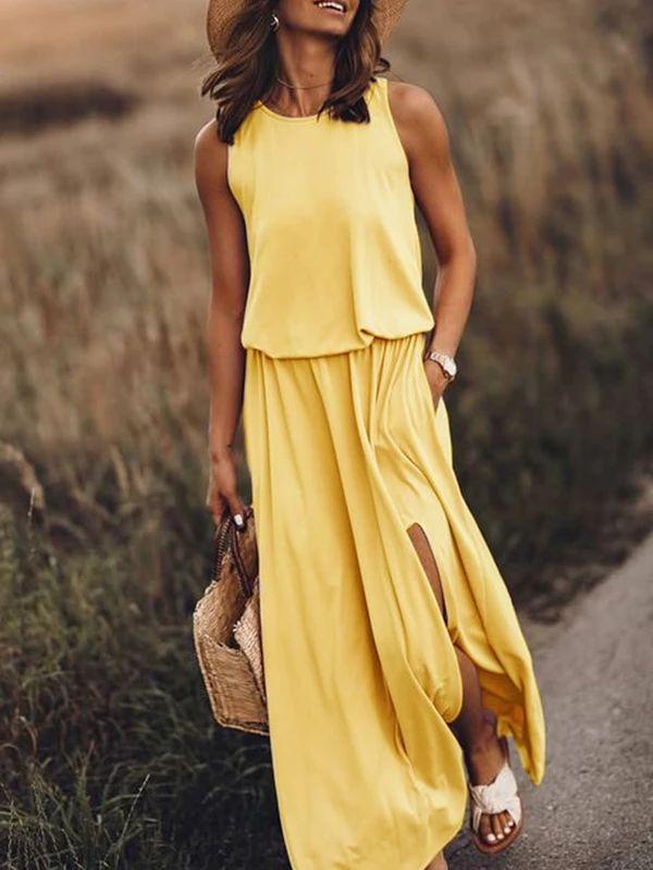 Round Neck Sleeveless Open-style Solid Dress